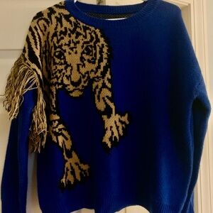 SHEIN Blue Sweater with Tan Tiger Design